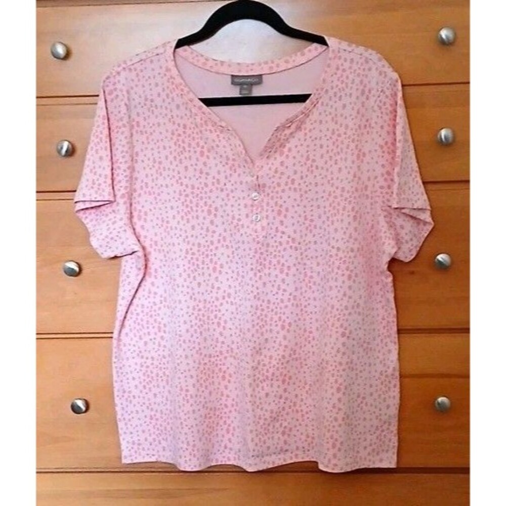 Style & Co Womens 2X Pink Animal Print V-Neck Button Short Sleeve T-Shirt Top